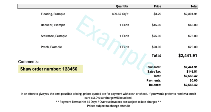 Example of a dealer invoice for flooring